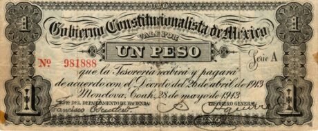 Аверс банкноты 1 peso „Gobierno Constitucionalista de Mexico” (Meksyk) 1913