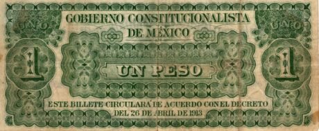 Реверс банкноты 1 peso „Gobierno Constitucionalista de Mexico” (Meksyk) 1913