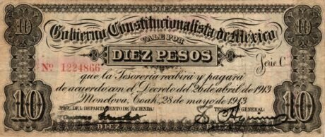 Аверс банкноты 10 pesos „Gobierno Constitucionalista de Mexico” (Meksyk) 1913