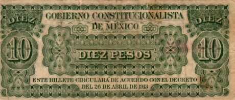 Реверс банкноты 10 pesos „Gobierno Constitucionalista de Mexico” (Meksyk) 1913