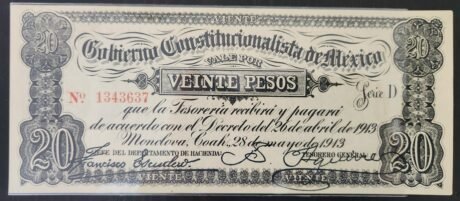 Аверс банкноты 20 pesos „Gobierno Constitucionalista de Mexico” (Meksyk) 1913