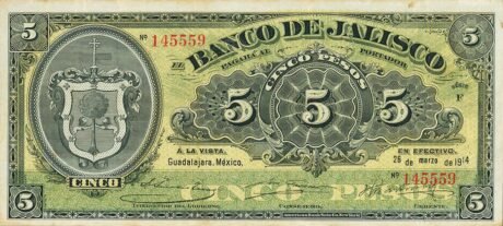 Аверс банкноты 5 pesos „El Banco de Jalisco” (Meksyk) 1902
