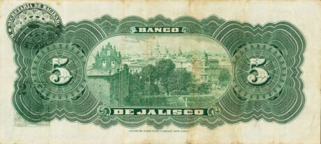 Реверс банкноты 5 pesos „El Banco de Jalisco” (Meksyk) 1902