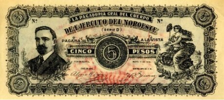 Аверс банкноты 5 pesos „Ejercito del Noroeste” (Meksyk) 1915