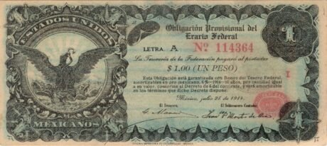 Аверс банкноты 1 peso „Obligación Provisional del Erario Federal” (Meksyk) 1914