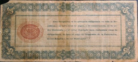 Реверс банкноты 5 pesos „Obligación Provisional del Erario Federal” (Meksyk) 1914