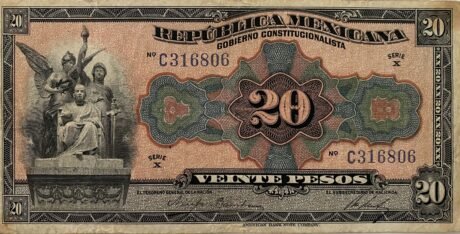 Аверс банкноты 20 pesos – „República Mexicana – Gobierno Constitucionalista” (Meksyk) 1915