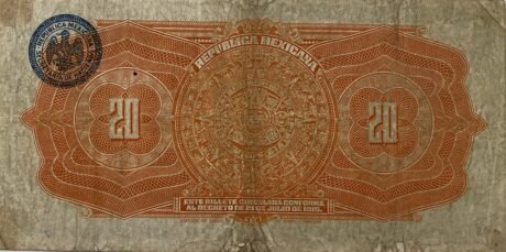 Реверс банкноты 20 pesos – „República Mexicana – Gobierno Constitucionalista” (Meksyk) 1915