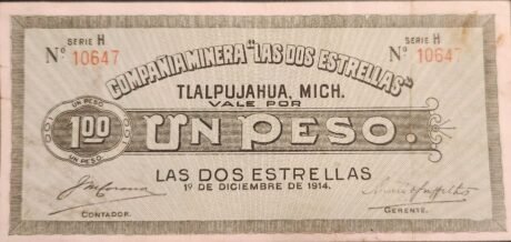 Аверс банкноты 1 Peso Compañía Minera "Las Dos Estrellas" (Meksyk) 1914