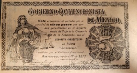 Аверс банкноты 5 pesos „Gobierno Convencionista de Mexico” (Meksyk) 1915