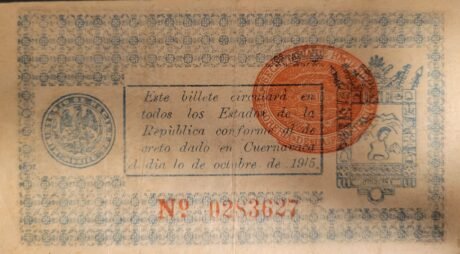 Реверс банкноты 5 pesos „Gobierno Convencionista de Mexico” (Meksyk) 1915