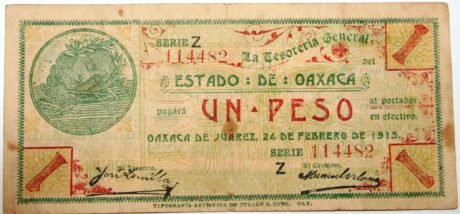 Аверс банкноты 1 peso „La Tesoreria General del Estado de Oaxaca” (Meksyk) 1915
