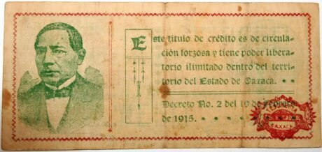 Реверс банкноты 1 peso „La Tesoreria General del Estado de Oaxaca” (Meksyk) 1915