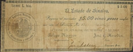 Аверс банкноты 5 pesos „El Estado de Sinaloa” (Meksyk) 1913