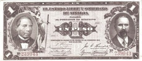 Аверс банкноты 1 peso „El Estado Libre y Soberano de Sinaloa” (Meksyk) 1915