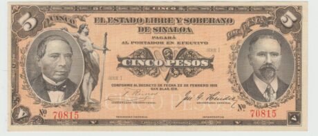 Аверс банкноты 5 песо (Мексика) 1915 года