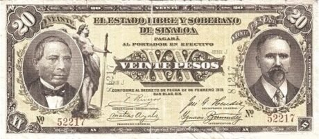 Аверс банкноты 20 песо (Мексика) 1915 года