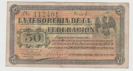 Аверс банкноты 50 centavos „La Tesorería de la Federación; Guaymas” (Meksyk) 1914