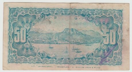 Реверс банкноты 50 centavos „La Tesorería de la Federación; Guaymas” (Meksyk) 1914