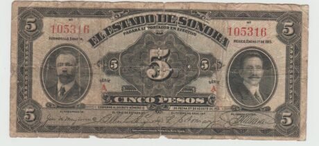 Аверс банкноты 5 песо (Мексика) 1915 года