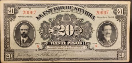 Аверс банкноты 20 pesos (Meksyk) 1914