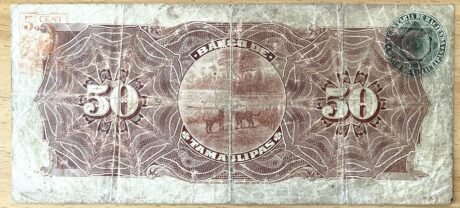 Реверс банкноты 50 pesos „El Banco de Tamaulipas” 1914. (Meksyk) 1902