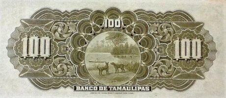 Реверс банкноты 100 peso „El Banco de Tamaulipas” (Meksyk) 1902