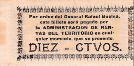 Реверс банкноты 10 centavos „Terytorium Tepic” (Meksyk) 1915