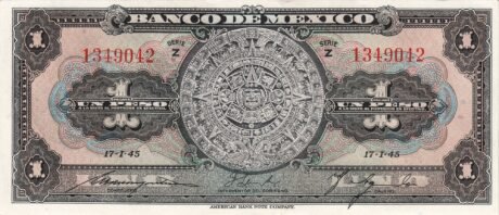 Аверс банкноты 1 песо (Мексика) 1943 года