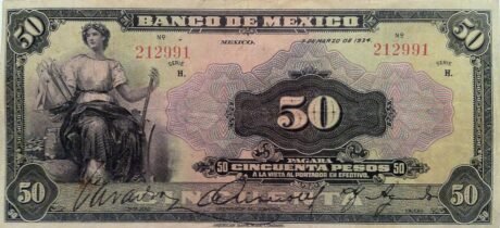 Аверс банкноты 50 песо (Мексика) 1925 года