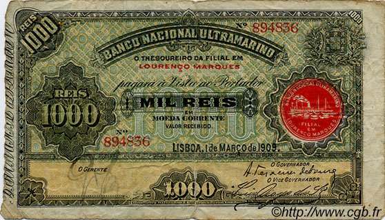 Аверс банкноты 1000 реалов (Мозамбик) 1909 года