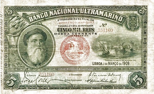 Аверс банкноты 5000 реалов (Мозамбик) 1909 года