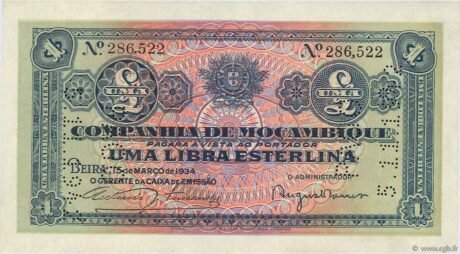 Аверс банкноты 1 libre (Mozambik) 1934