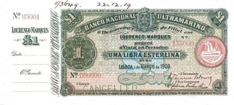 Аверс банкноты 5 либр (Мозамбик) 1909 года