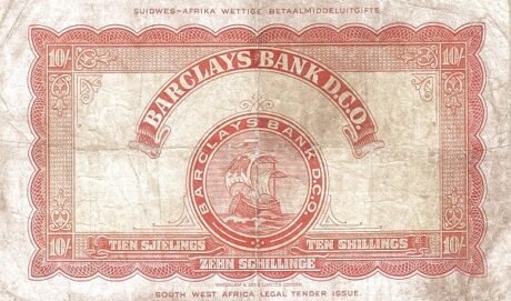 Реверс банкноты 10 шиллингов (Намибия) 1954 года