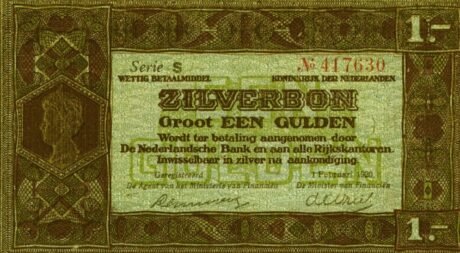 Аверс банкноты 1 gulden „Srebrny Voucher” (Holandia) 1920