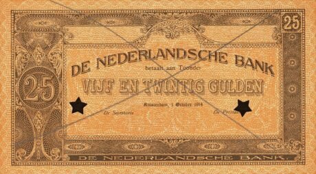 Аверс банкноты Dodatkowy banknot 25 guldenów (Holandia) z 1914 r.