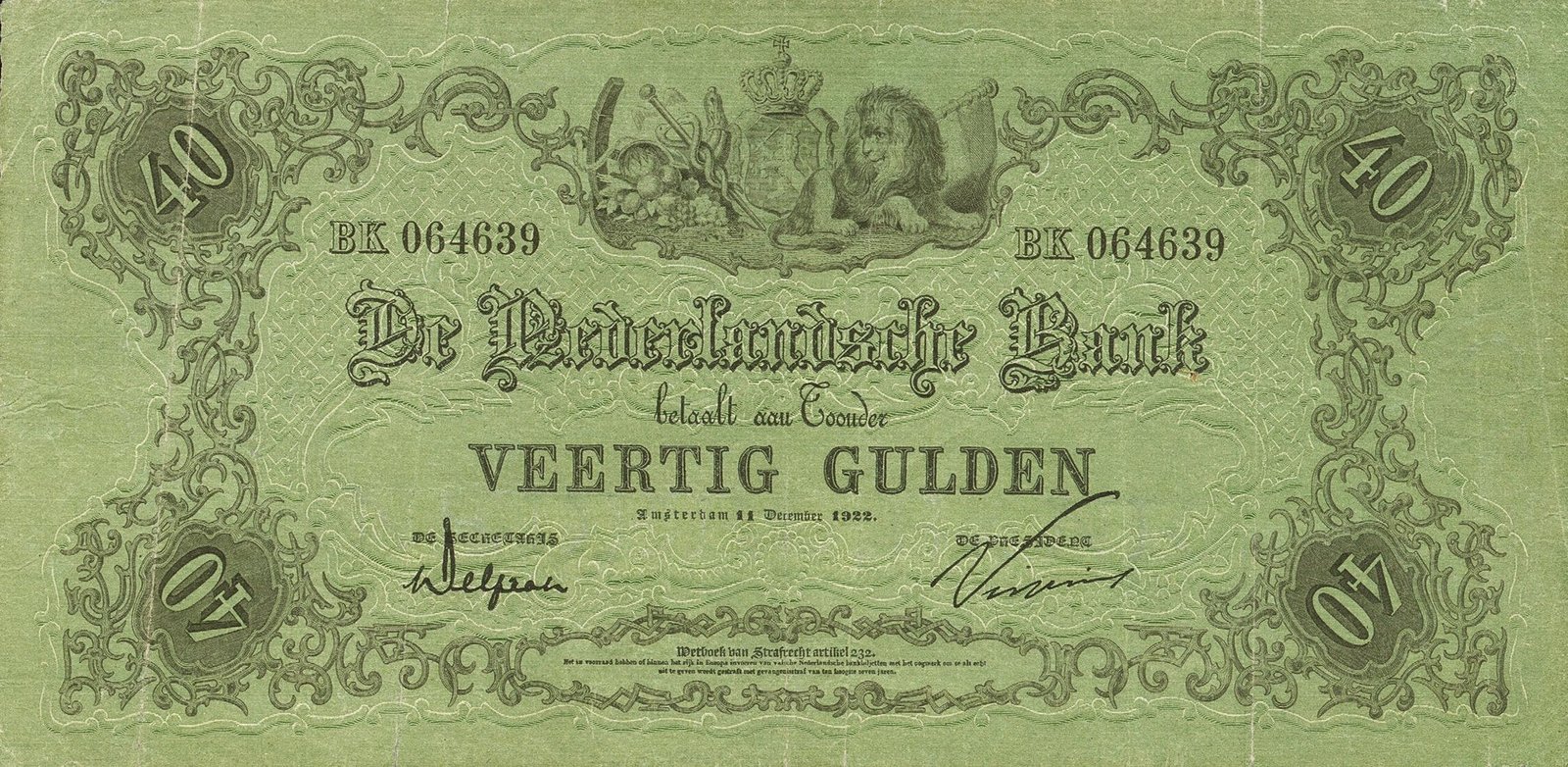 Аверс банкноты 40 гульденов (Нидерланды) 1861 года