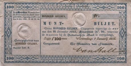 Аверс банкноты 100 guldenów (Holandia) 1846