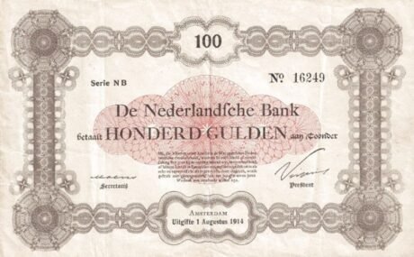 Аверс банкноты Dodatkowy banknot 100 guldenów (Holandia) 1914