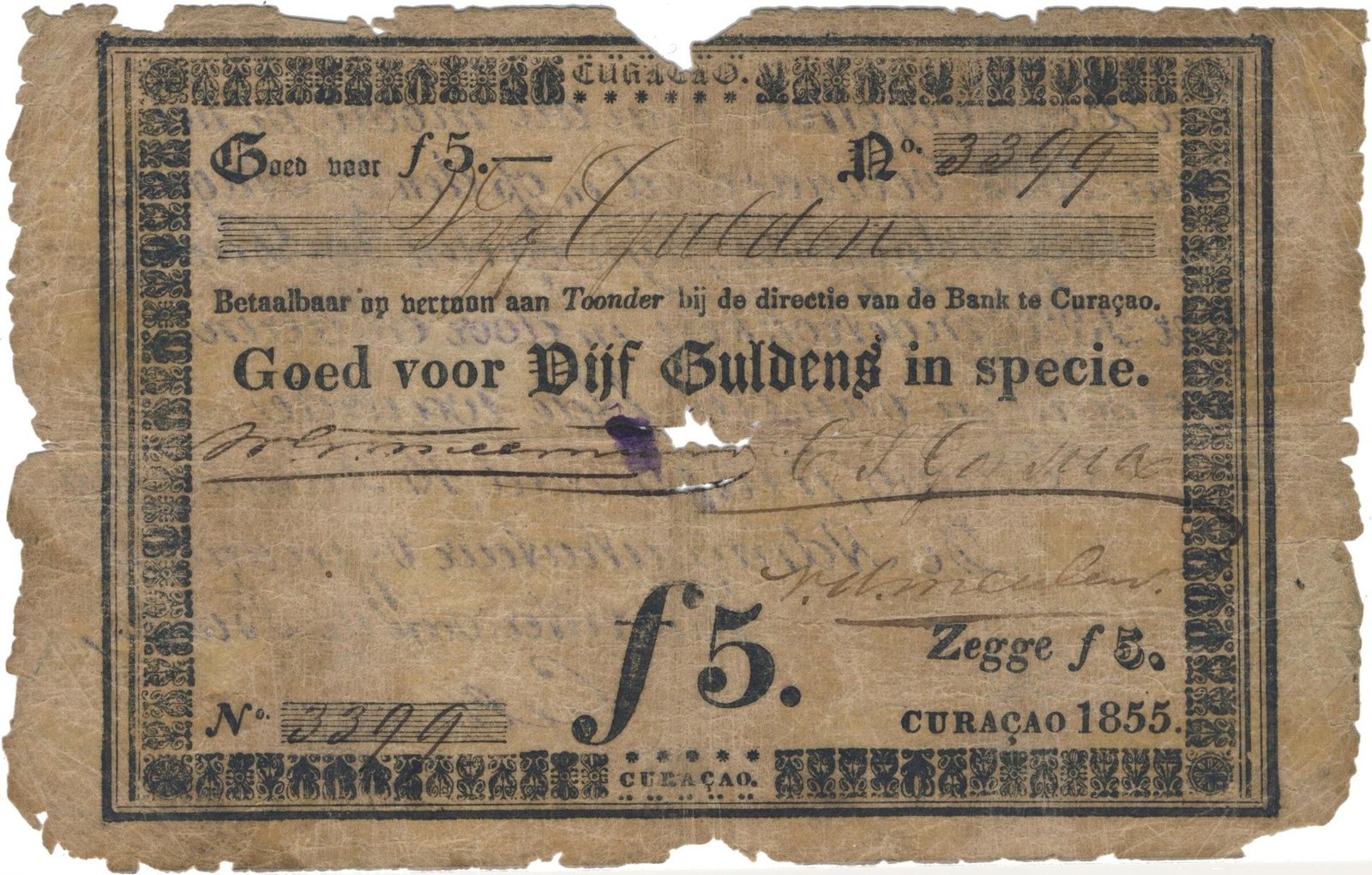 Аверс банкноты 5 гульденов (Нидерланды) 1855 года