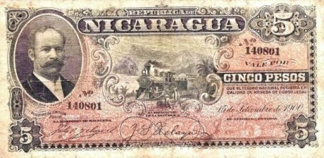 Аверс банкноты 5 песо (Никарагуа) 1900 года