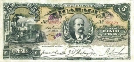 Аверс банкноты 5 песо (Никарагуа) 1908 года