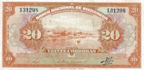 Аверс банкноты 20 кордоб (Никарагуа) 1942 года