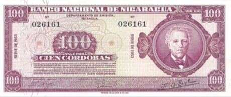 Аверс банкноты 100 кордоб (Никарагуа) 1953 года