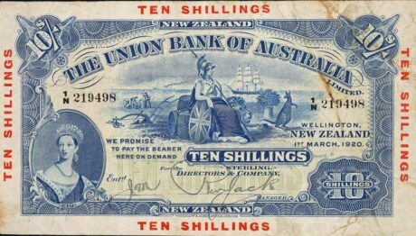 Аверс банкноты 10 шиллингов «Victoria Union Bank of Australia», синяя (Новая Зеландия) 1920 года