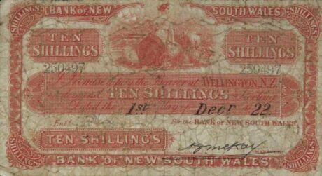Аверс банкноты 10 szylingów Bank Nowej Południowej Walii (Nowa Zelandia) 1922
