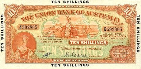 Аверс банкноты 10 шиллингов «Victoria Union Bank of Australia Limited» (Новая Зеландия) 1923 года