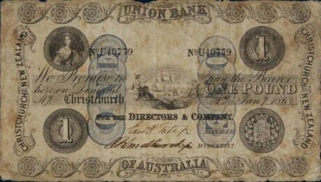 Аверс банкноты 1 фунт – Банк Виктории Юнион Австралии (Новая Зеландия) 1859 года