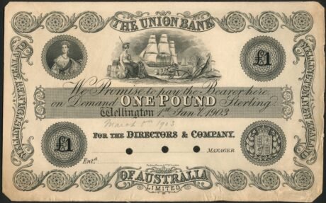 Аверс банкноты 1 фунт «Victoria Union Bank of Australia Limited» (Новая Зеландия) 1903 года